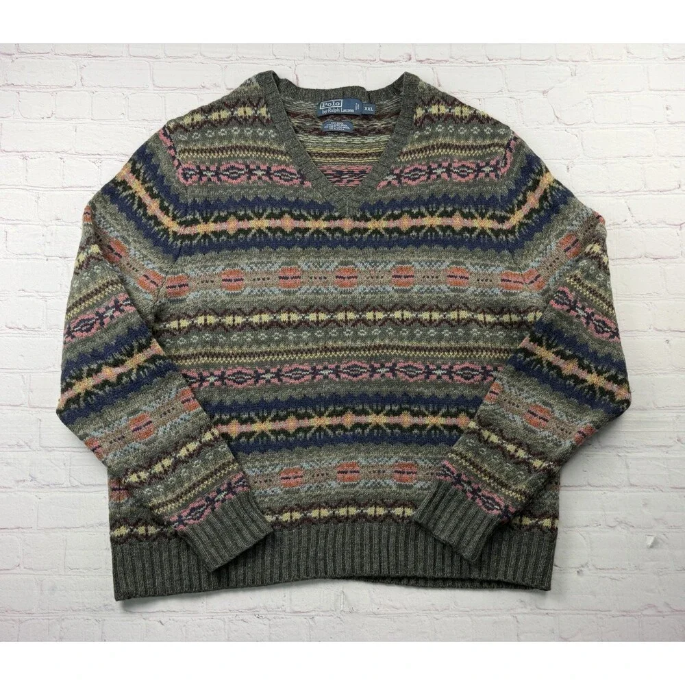 Polo Ralph Lauren Sz XXL Vintage Fair Isle Nordic Wool Knit V-Neck Sweater